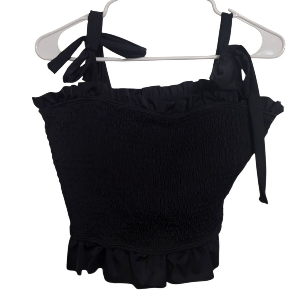#79 Dazzling Divas Black Smocked Crop Top Bow Tie Shoulders, L NEW - Picture 2 of 8